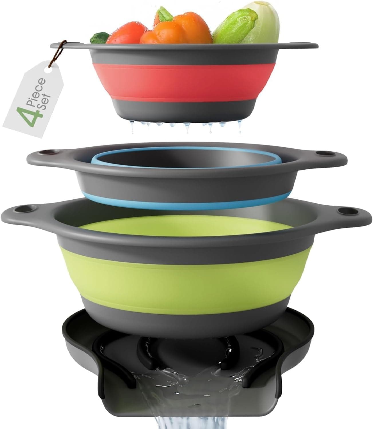 Gevoli Collapsible Colanders with Self-Draining Base, Nested Design 4PC Set (Small/Med/Large)