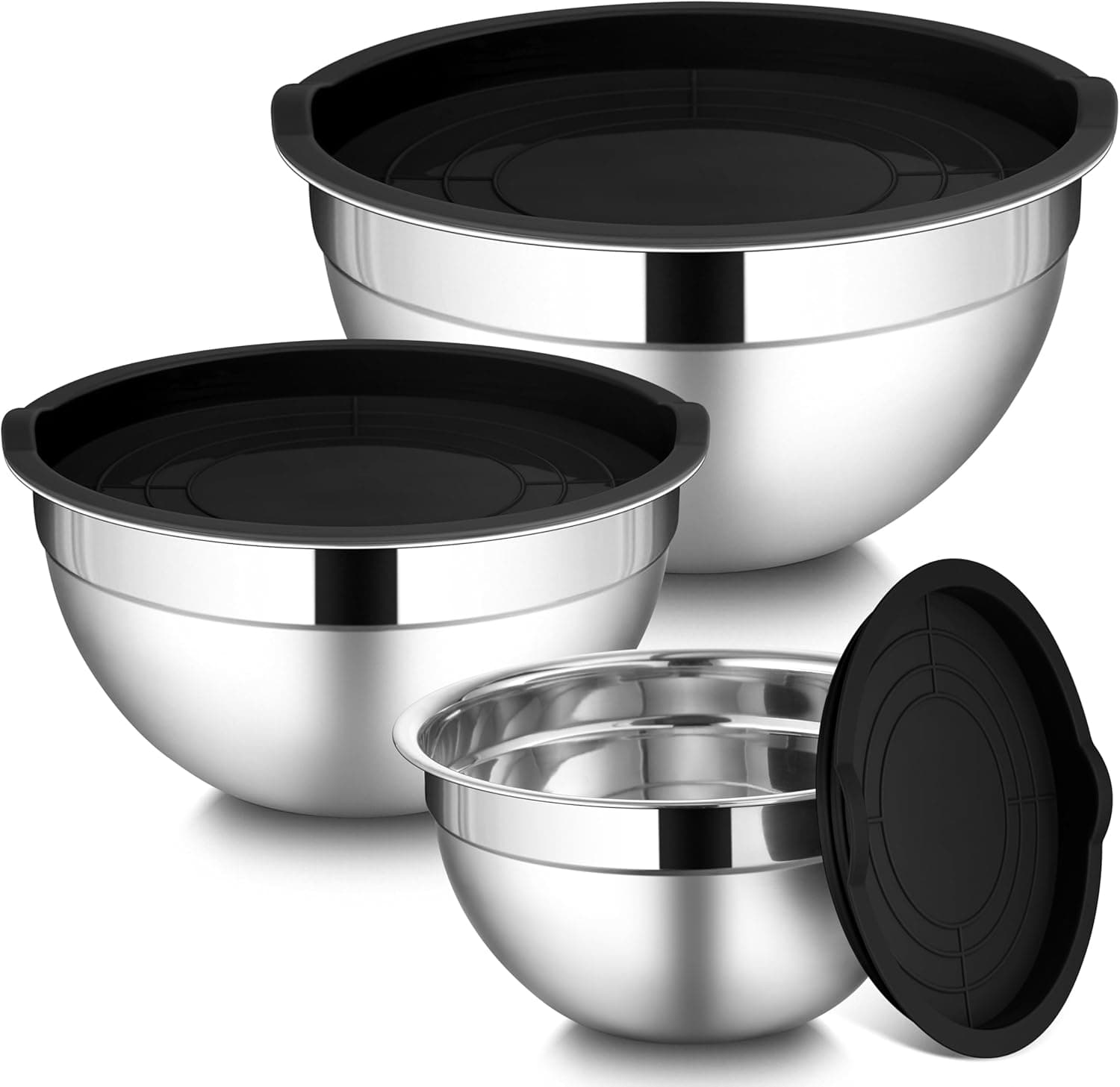 LIANYU Mixing Bowls with Lids Set of 3, Stainless Steel Nesting Metal Bowls for Kitchen Storage