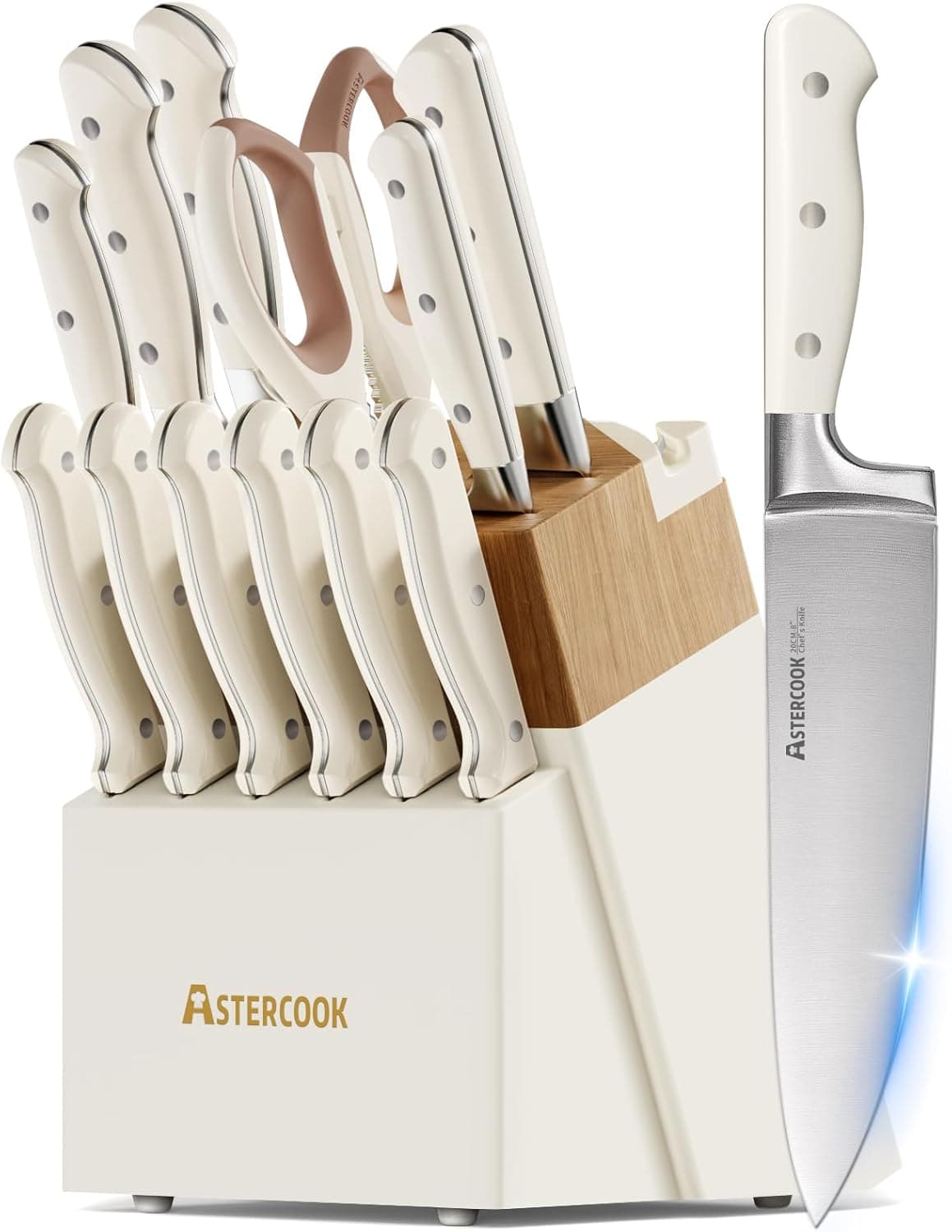 Astercook 14-Piece Kitchen Knife Set with Block and Built-in Sharpener