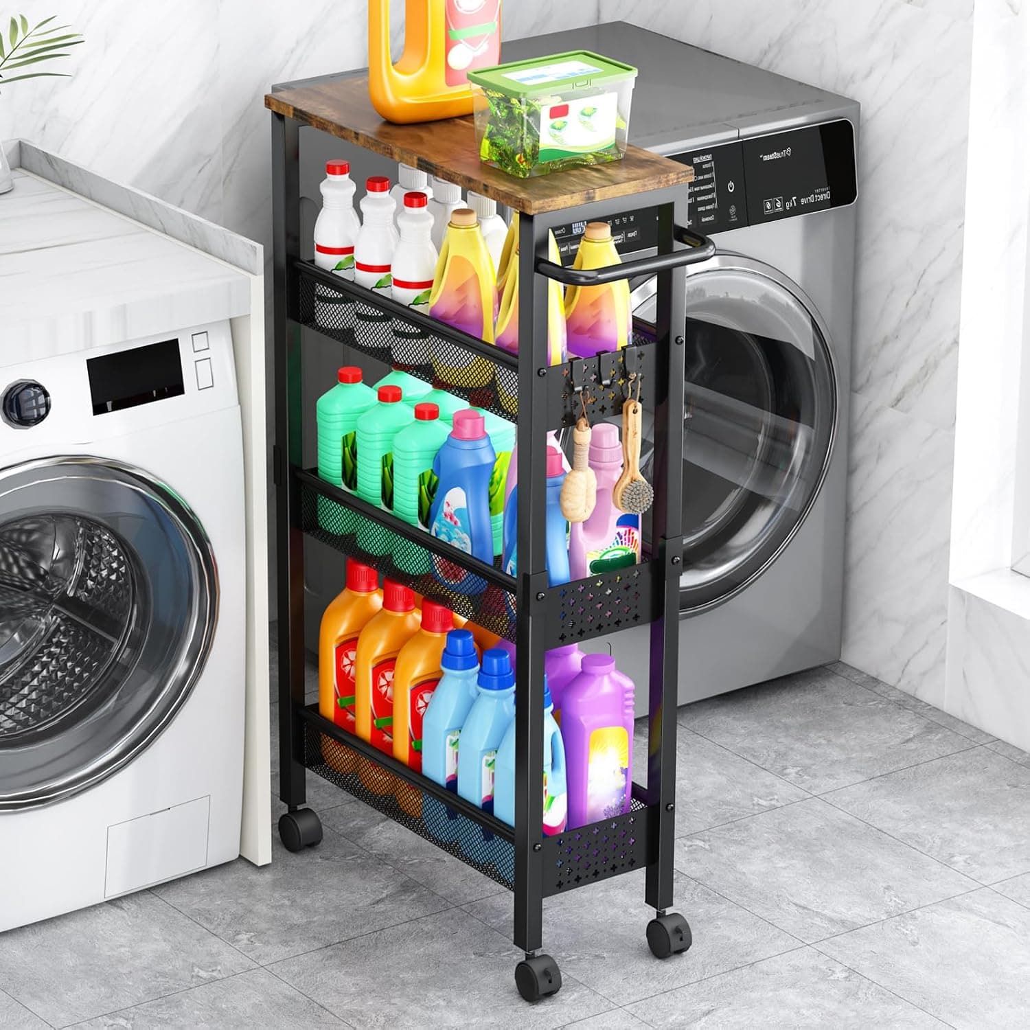 Vivihomety Utility Slim Storage Cart with Wheels, 4 Tier with Wood Top, Black