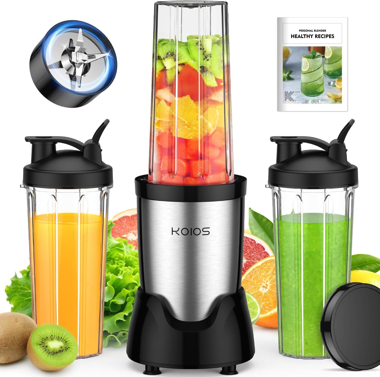 KOIOS Personal Blender for Smoothies with 3 x 22oz To-go Cups, BL319B Black, 22000 RPM