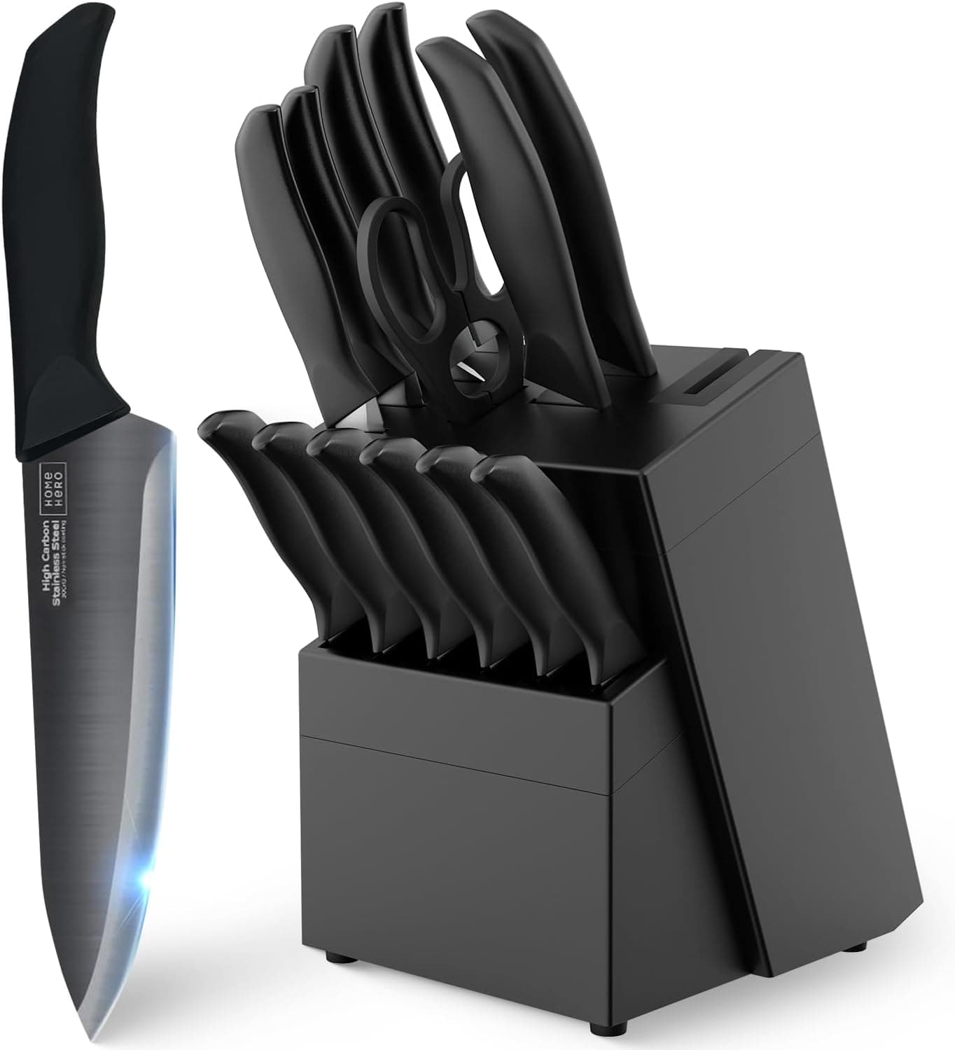 Home Hero 15-Piece Black Knife Set with Block and Sharpener