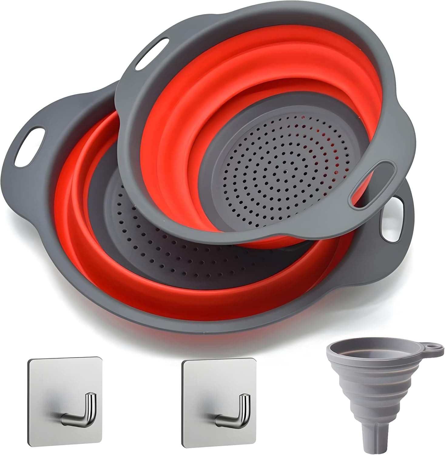 UVB Collapsible Colander Set, Space-Saving Foldable Kitchen Strainer with Hooks & Silicone Funn