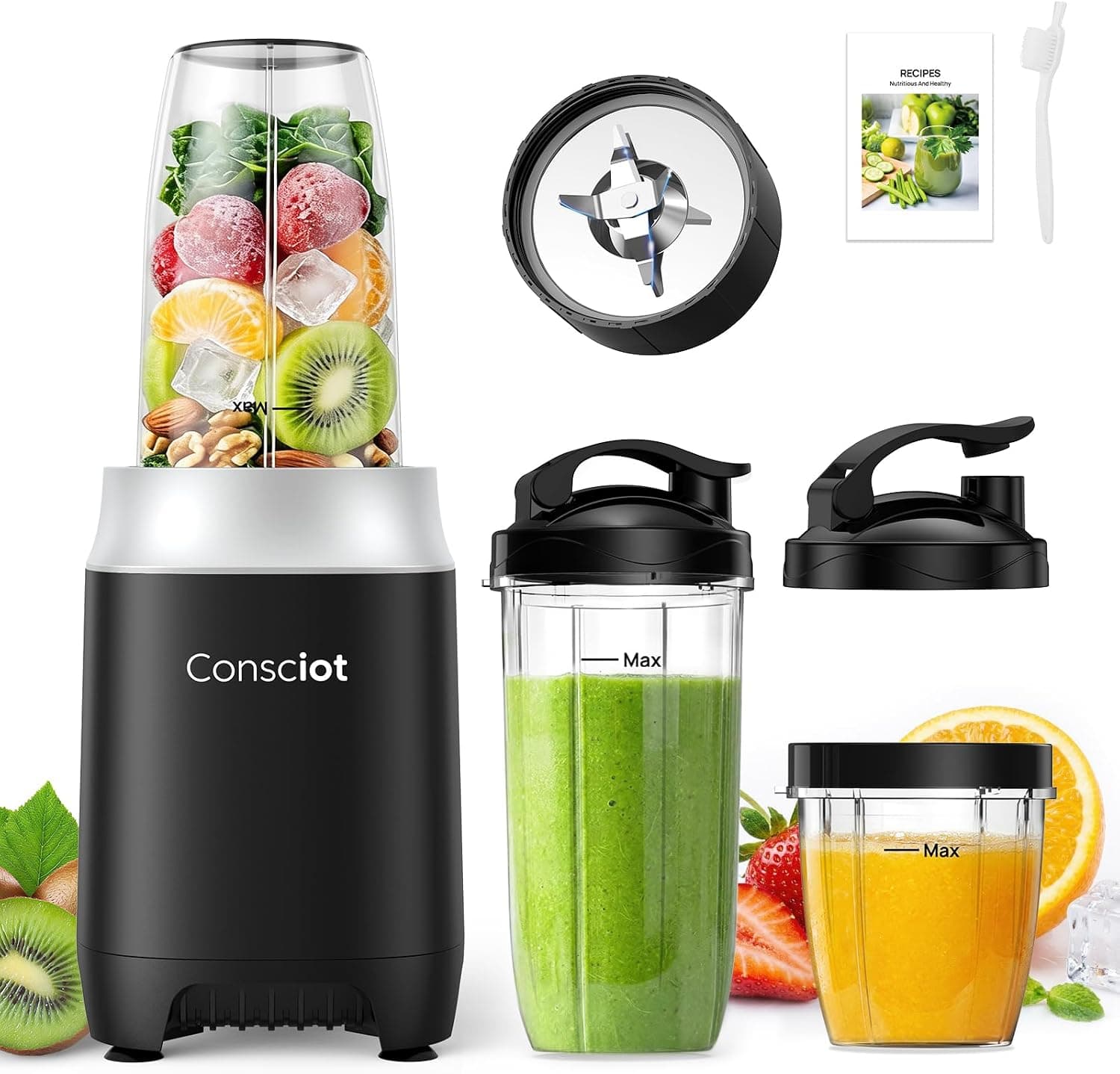 Consciot CB10 11Pcs Personal and Countertop Blender Combo, 3 Portable BPA Free To-Go Cups, 900