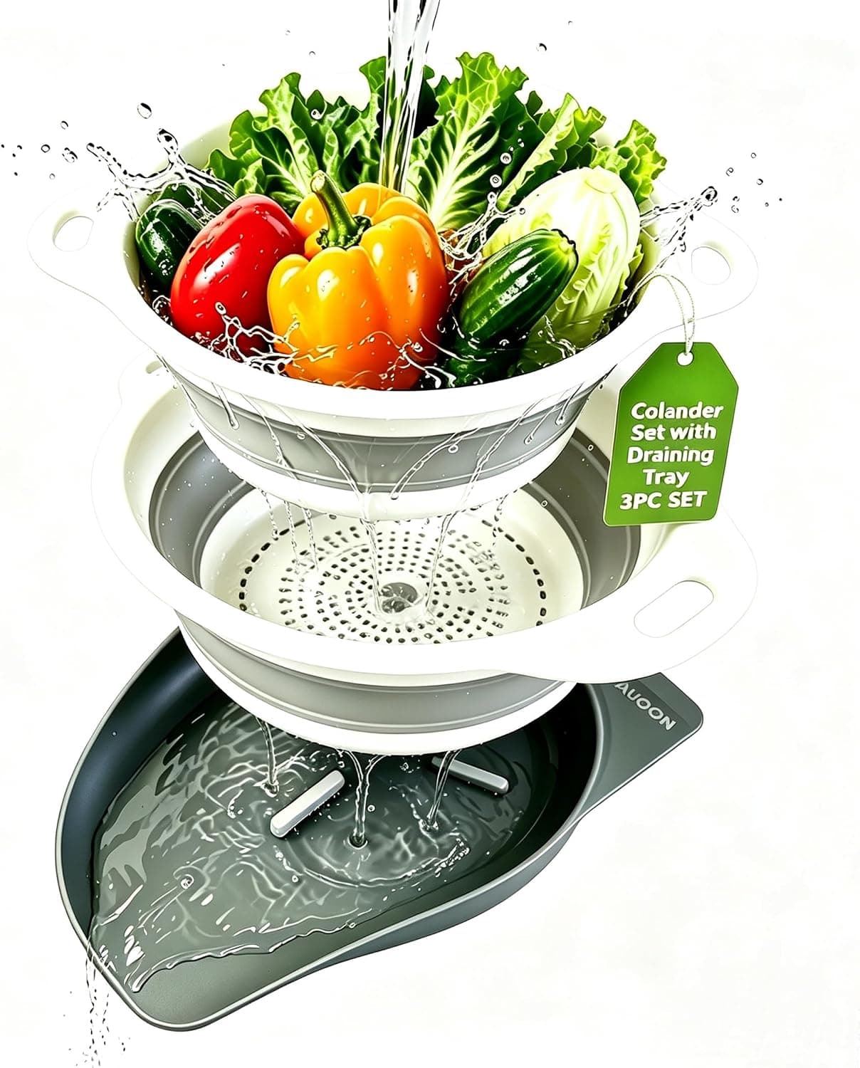 AUOON Collapsible Colander Set (3QT + 4QT) with Draining Base, Heat-Resistant, Space-Saving